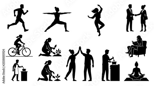 People Activity Silhouette Set Running Yoga Dancing Business Human Figure Black White