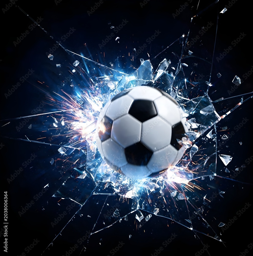 Fototapeta premium Soccer ball exploding through a goal net with bright energy in a dark stadium