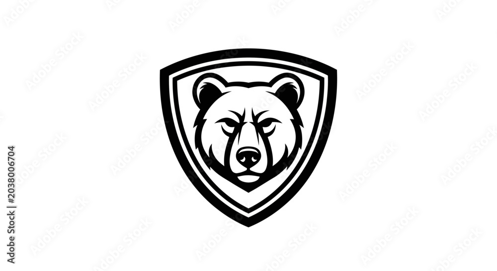 Obraz premium Bear head emblem inside shield frame black white vector.
