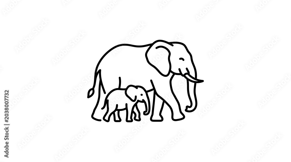 Fototapeta premium A simple black and white line art illustration of a mother elephant walking with her baby calf.