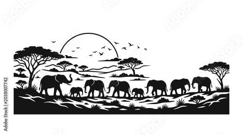 Slika na platnu A silhouette illustration of a family of elephants walking across the African savanna