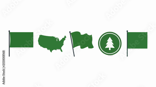 Flat Design Green Flag Icons USA Map and Tree Symbol Vector Graphic Resources Commercial Use