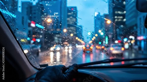 Rainy Urban Street Through Windshield With Defocused City Lights
