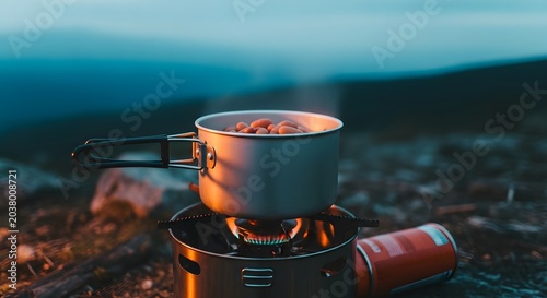 Cooking Beans on Portable Stove Outdoors at Sunset