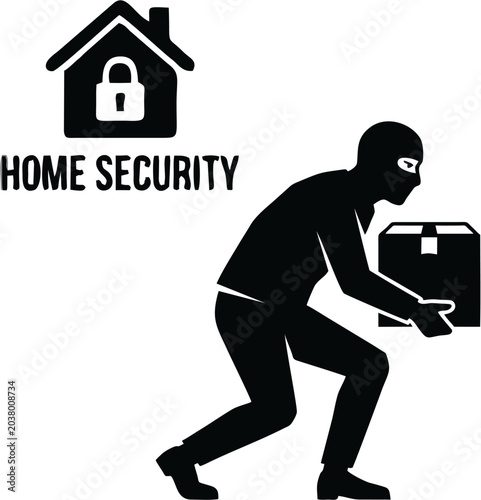Solid black silhouette of a sneaky thief stealing a delivery box package isolated on white