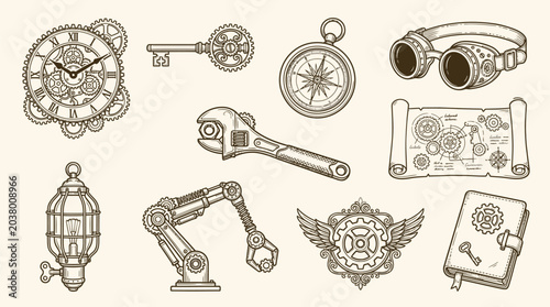 Billede på lærred Collection of Steampunk-themed objects including a clock, key, compass, goggles, wrench, blueprint, lamp, robot arm, emblem, and book