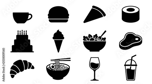 Food Drink Silhouette Icon Set Coffee Burger Pizza Sushi Cake Restaurant Menu Graphic