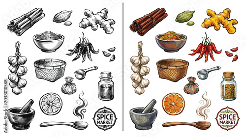 Foto Collection of various spices and ingredients for cooking, presented in both sketch and color versions