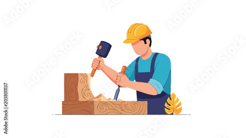 Professional Wood Carver Artisan Working with Chisel and Mallet on Ornate Wood Block Illustration