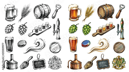 Quadro su tela Collection of hand-drawn illustrations and watercolor elements related to beer and brewing, including mugs, barrels, hops, and brewing equipment