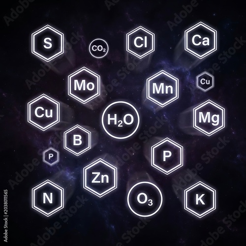 Scientific illustration of chemical elements and compounds on transparent background