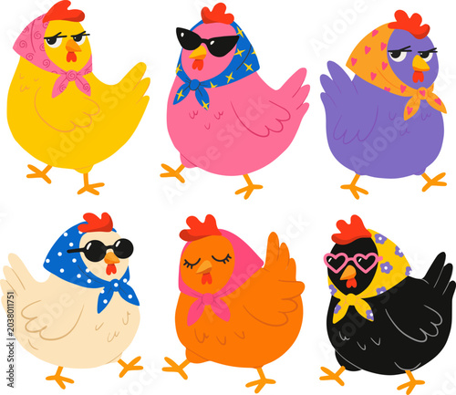 Cute Hen Characters Vector Set, Funny Farm Chicken Cartoons with Accessories