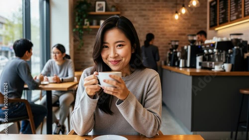 Cafe Serenity: A smiling woman enjoys a warm cup of coffee in a cozy cafe, surrounded by the gentle hum of conversation and the aroma of freshly brewed beans.