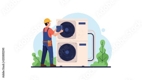 HVAC Technician Repairing External Air Conditioning Unit and Heat Pump System. Professional Maintenance and Installation Service Concept. Flat Vector Illustration.