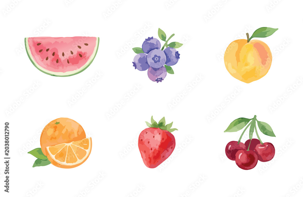 Naklejka premium Watercolor summer fruit icons set on white background