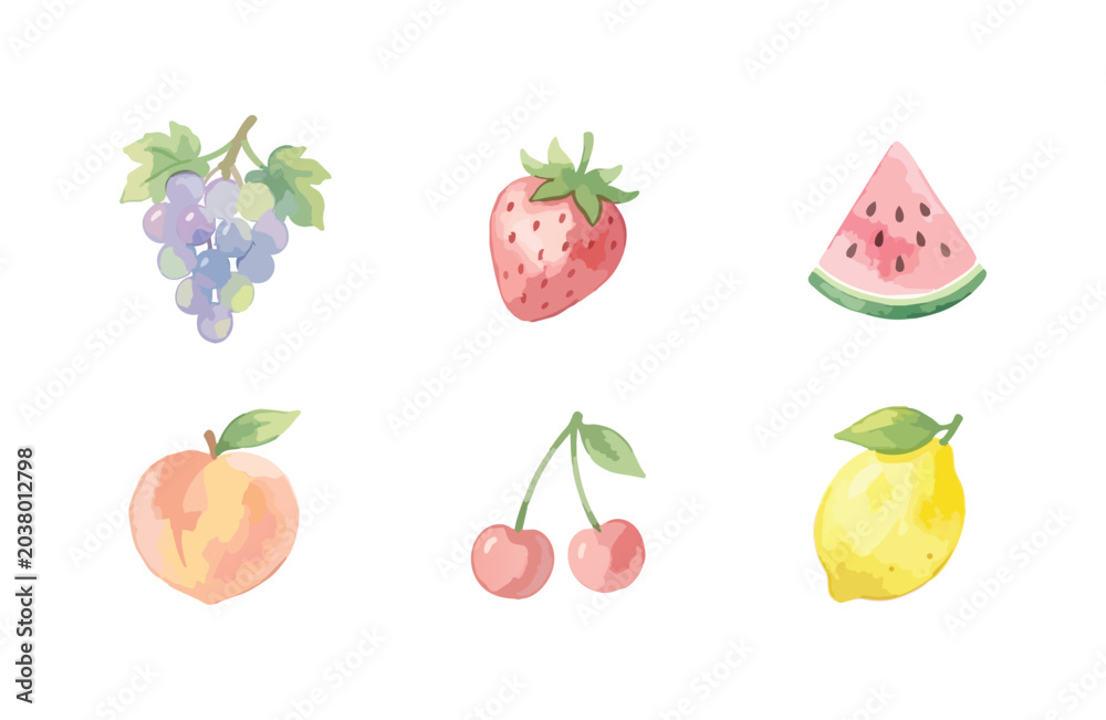 Fototapeta premium Watercolor summer fruit icons set on white background