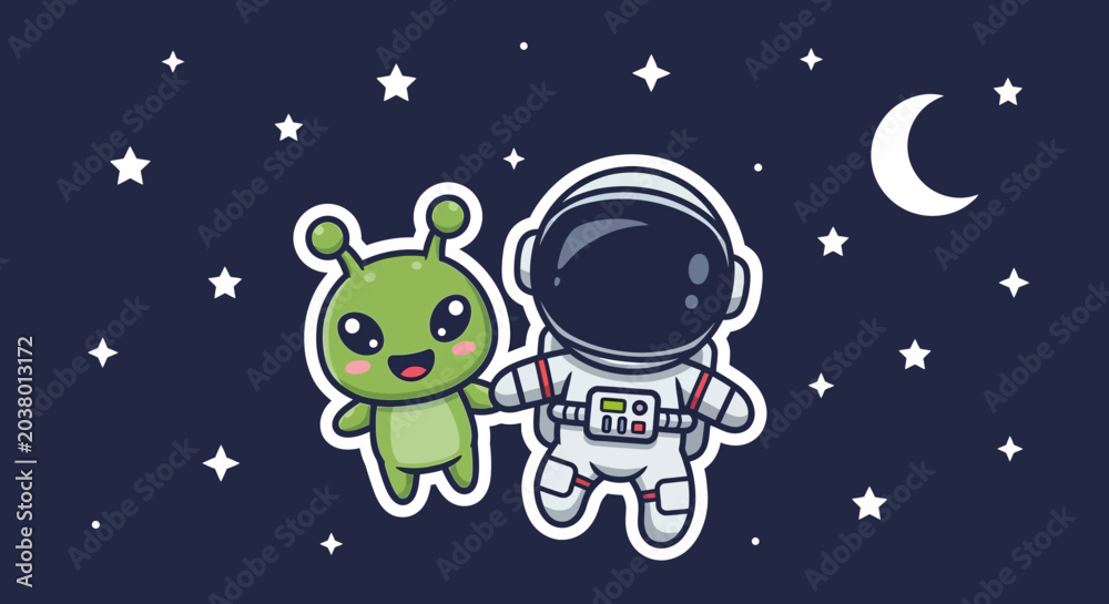 Fototapeta premium Cute Astronaut and Alien Friends Floating in Space with Stars and Moon
