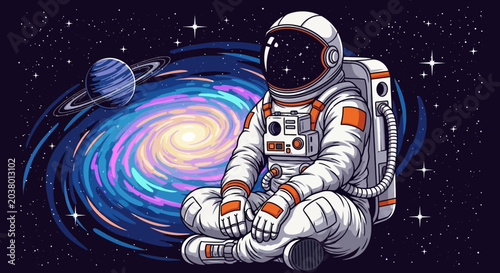 Quadro su tela Astronaut meditating in space with galaxy and planet