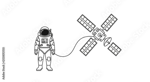 Vászonkép Astronaut Tethered to Satellite in Space - Minimalist Line Art