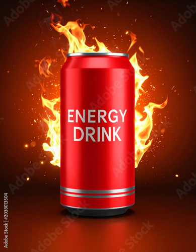 A can of energy drink with a flame on it. The can is red and silver. The words 