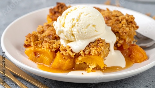 Classic peach cobbler with vanilla ice cream melting on top, rustic homemade dessert aesthetic
