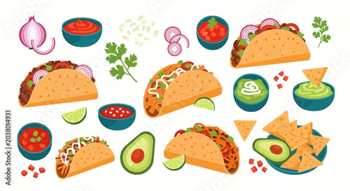 Bild auf Leinwand Mexican Taco Party Set with Guacamole Salsa and Nachos