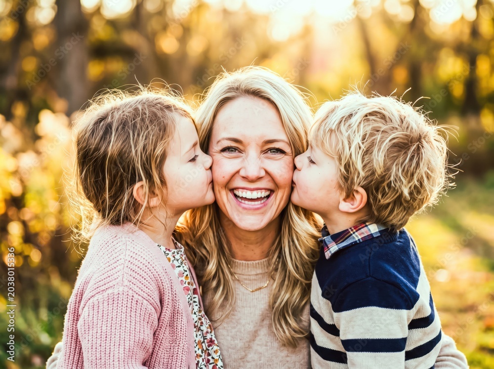 Fototapeta premium Joyful family moment: mother and children in sunlit park with warm smiles and happiness