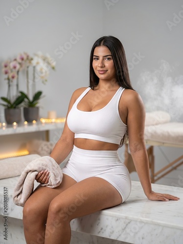 Elegant woman in minimalist white bikini set lounging on modern bathroom counter with soft natural lighting