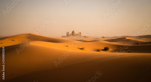 Majestic Desert Landscape with a Stunning Domed Palace in the Distance Offering a Sense of Awe and Wonder