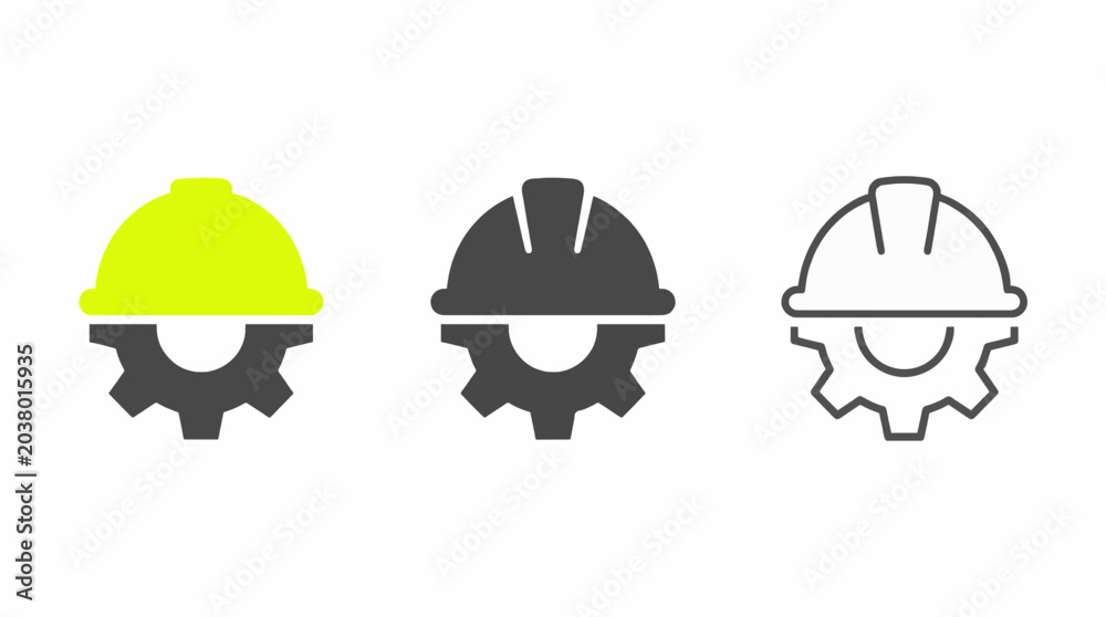 Fototapeta premium Set of Three Minimalist Vector Icons Construction Safety Gear and Engineering Cogwheel Graphic Resources Commercial Use