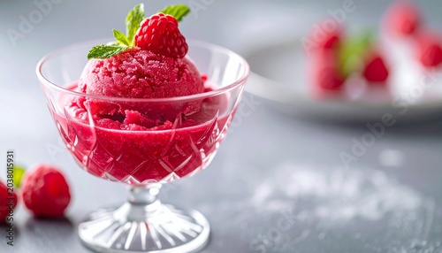 Fresh raspberry sorbet served in a crystal glass, luxurious fine dining style, elegant composition