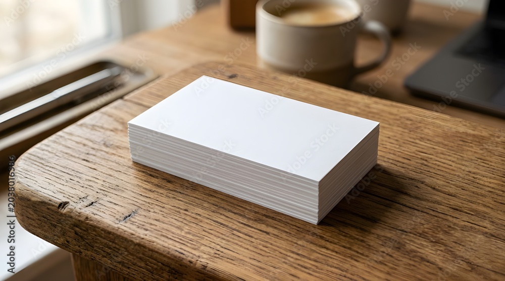 Fototapeta premium Neatly stacked blank cards placed on a wooden surface with soft lighting. suitable for branding presentations, stationery mockups, identity design, and professional print projects.