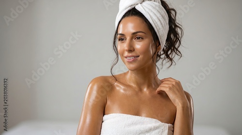 Serene young woman with radiant, moisturized skin, wrapped in soft white towels, enjoying a moment of pampering and self-care in a tranquil setting, reflecting beauty and wellness