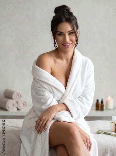 Relaxed woman in white robe sitting in luxurious spa setting with rolled towels and soft background