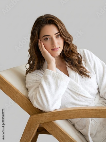 Relaxed woman in white robe resting thoughtfully on modern chair with soft natural lighting