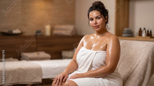 Beautiful woman enjoying a luxurious spa treatment, feeling relaxed and pampered with glowing, healthy skin, embracing self-care in a tranquil wellness center, embodying serenity and well-being