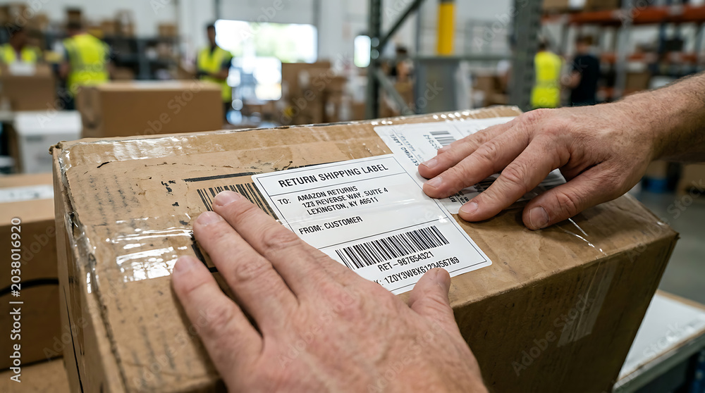 Naklejka premium Hands handling a shipping box in warehouse