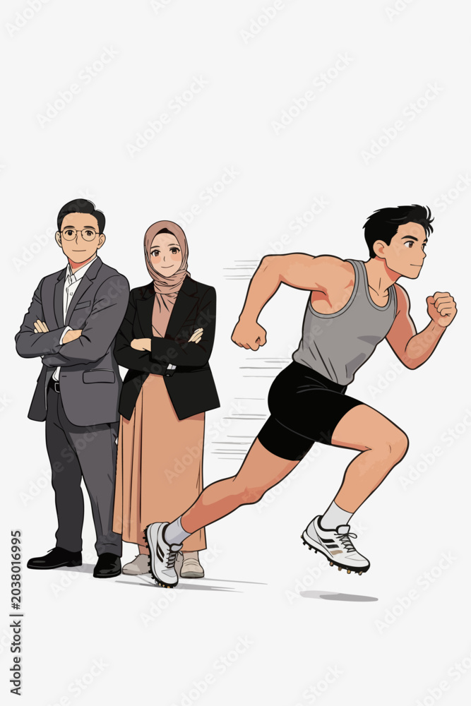 Obraz premium Two Office Workers Watching Athlete Sprint Forward