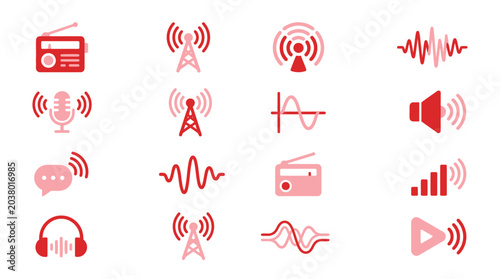 Bilde på lerret Collection of icons representing radio waves, sound, and broadcasting technology