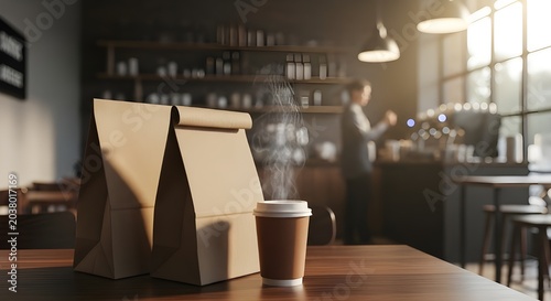 Takeaway food bag and coffee cup resting on a café table with blurred background details, capturing a cozy coffeehouse mood and convenient dining lifestyle.
