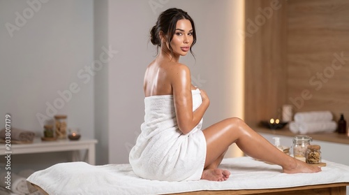 Radiant woman enjoying a luxurious spa treatment, her skin glistening with natural oils, embodying serene beauty and ultimate relaxation in a tranquil wellness environment