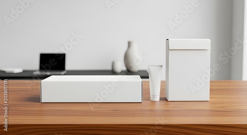 Minimal white packaging items arranged on a contemporary countertop, creating a sophisticated branding scene with strong commercial appeal.