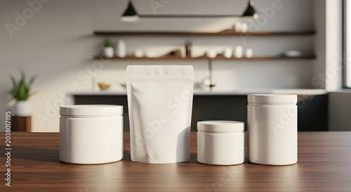 Stand-up paper pouch placed in a stylish kitchen environment, offering a versatile packaging mockup for food, coffee, or retail products.