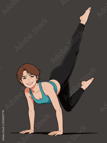 Illustrated young female practicing balance yoga workout