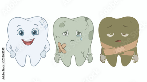 Fotografija Cartoon Tooth Characters Healthy Sick Decay Dental Health Comparison Vector Illu