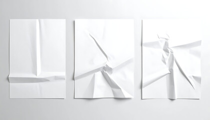 set of crumpled paper posters, texture and wrinkles, blank white sheets, torn and creased for design mockups
