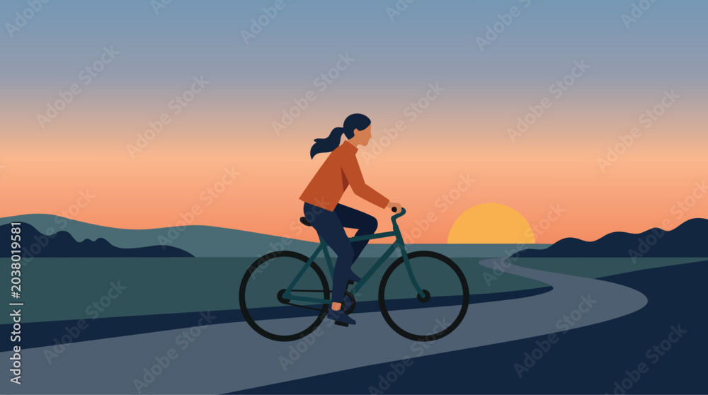 Fototapeta premium Active urban mobility A woman enjoying a bike ride through a green city landscape, promoting sustainable transport and a healthy lifestyle