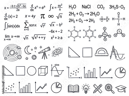 Photos Comprehensive collection of hand drawn science and math symbols.