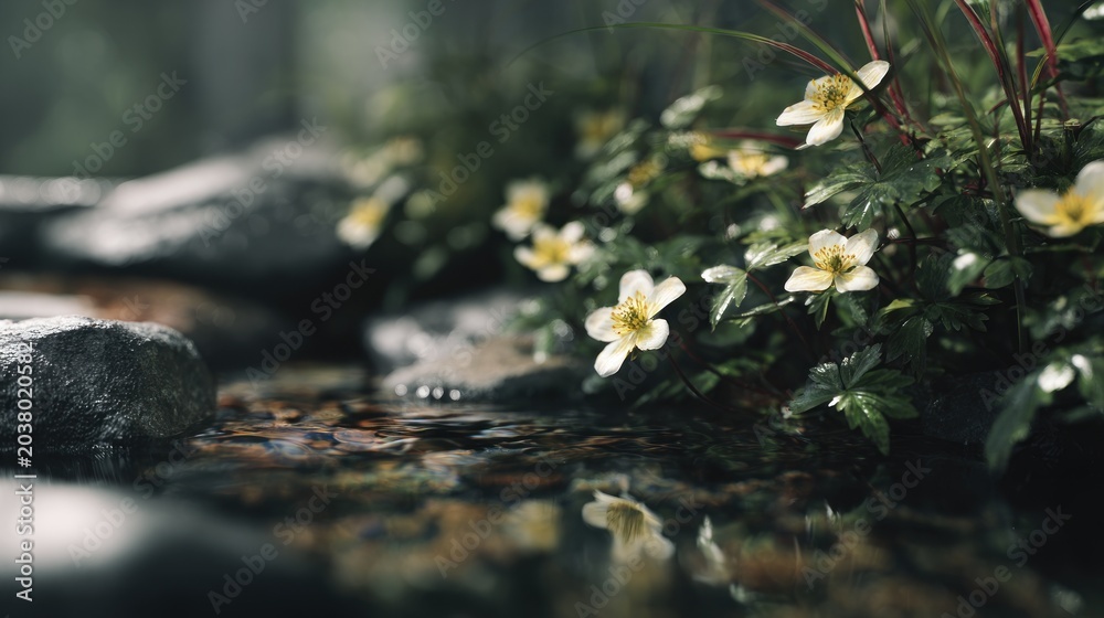 Fototapeta premium Serene woodland stream with blossoming anemones and reflective waters