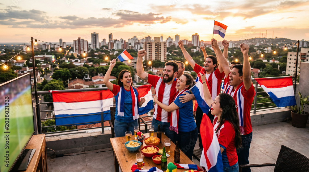 Fototapeta premium Hinchas paraguayos celebrando en terraza al atardecer